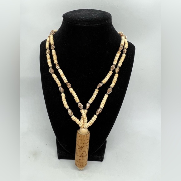 Double Strand Shell and Burnished Wood Bead Fashion Necklace - Picture 1 of 2
